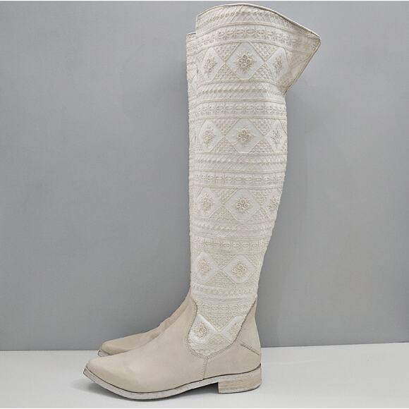 NEW Free People Bren Knee High Boot Womens EU 37 Cream Embroidered Boho Slouchy - Picture 1 of 16